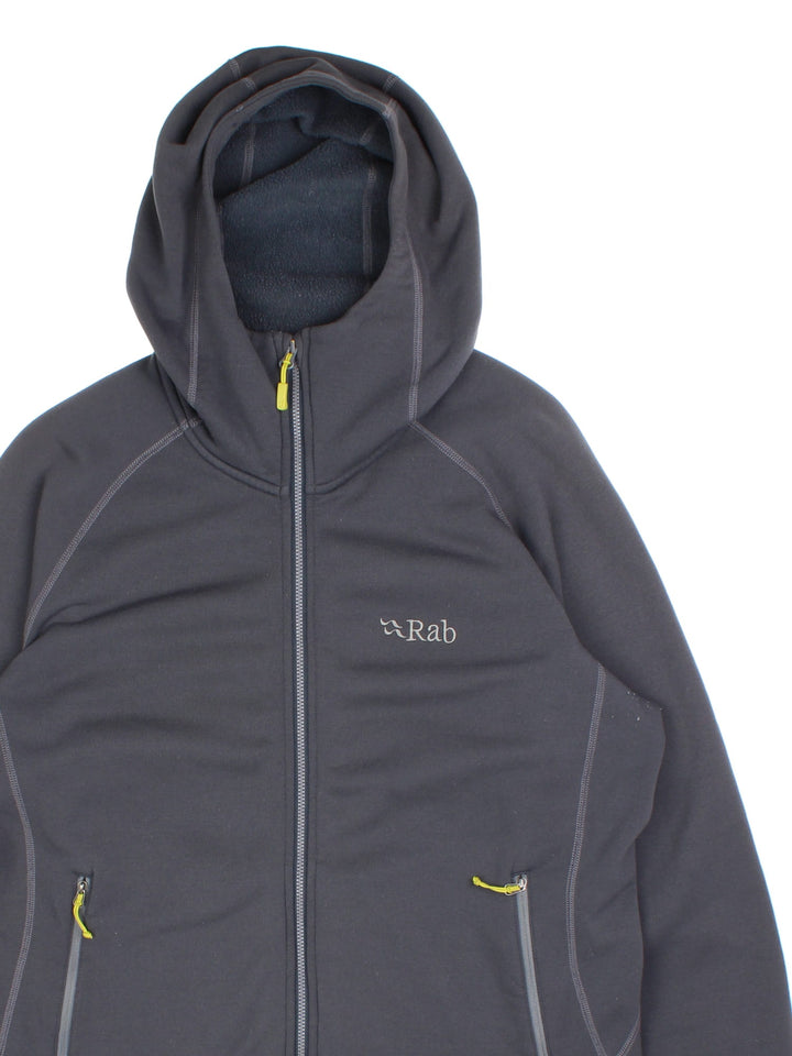 Rab Zip Hoodie in blue colourway, contrast green zippers and branding embroidered on front.