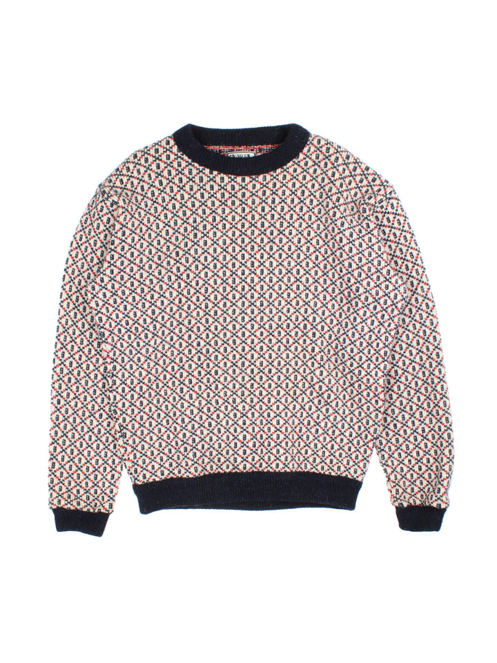 Vintage Ore Norwegian Jumper in blue/cream/red colourway, all over diamond pattern and contrast hems.