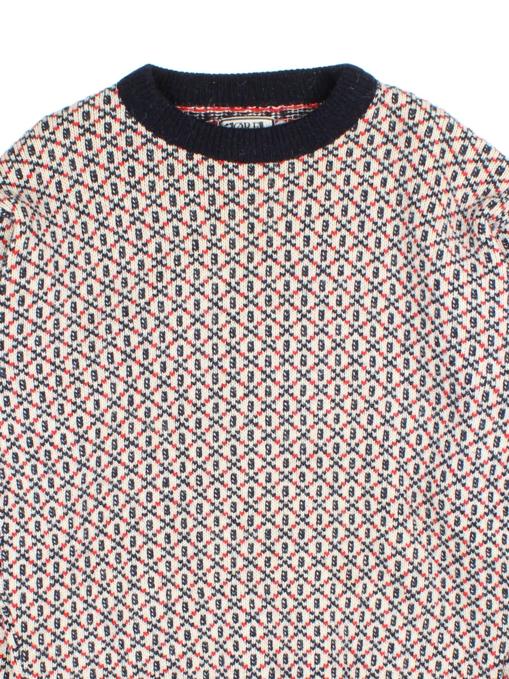 Vintage Ore Norwegian Jumper in blue/cream/red colourway, all over diamond pattern and contrast hems.