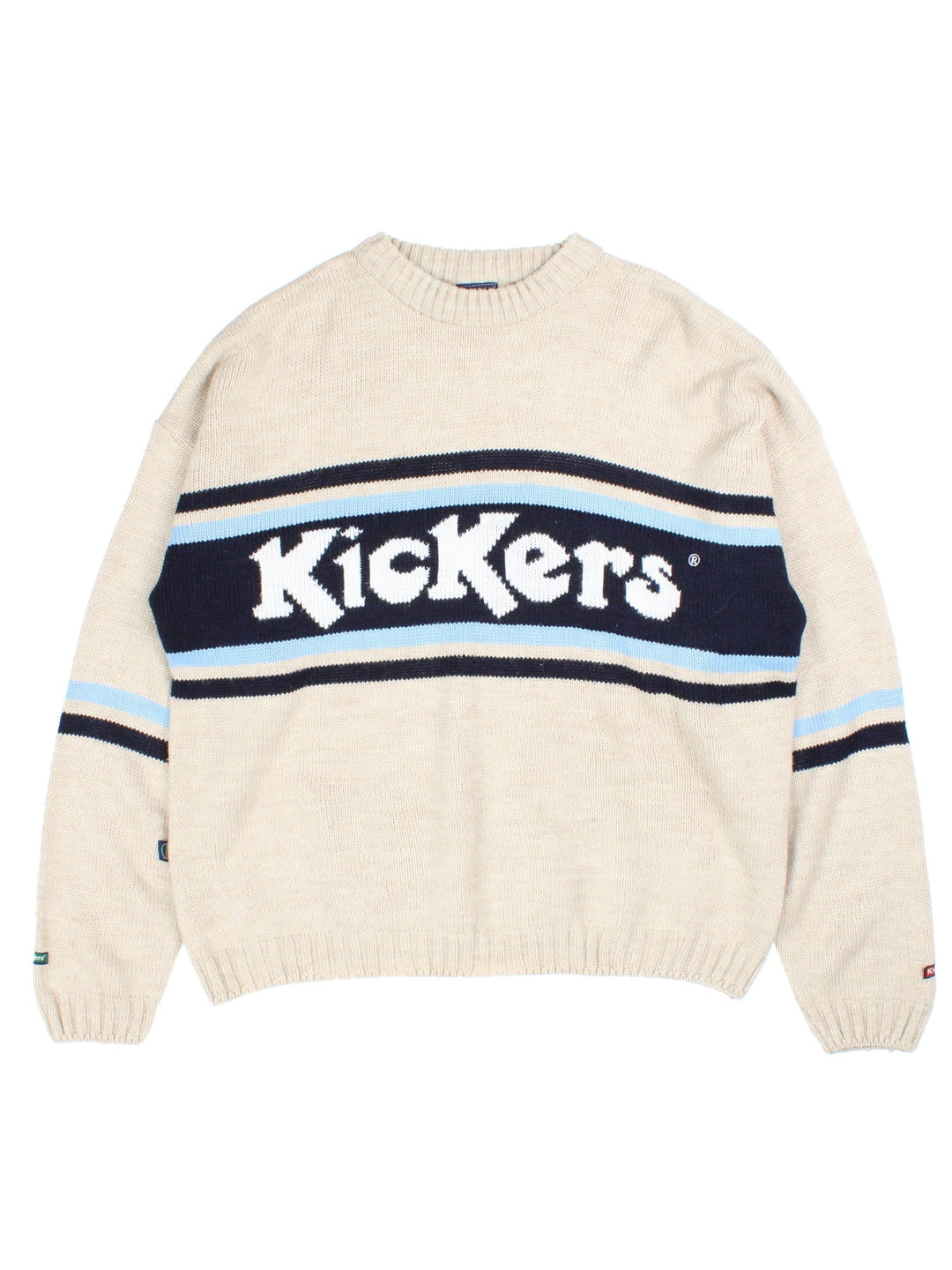 90's Kickers Jumper in tan/blue colourway, spellout branding on front.