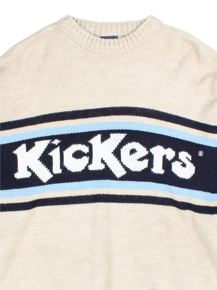 90's Kickers Jumper in tan/blue colourway, spellout branding on front.