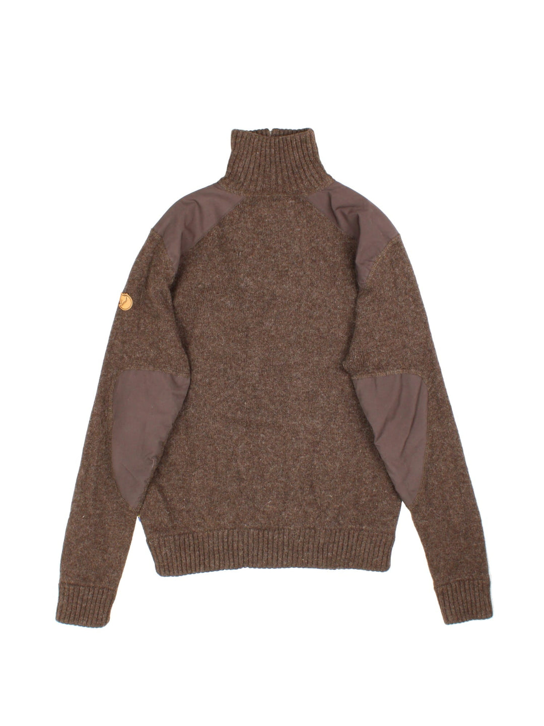 Fjallraven 1/4 Zip Jumper in brown colourway, shoulder patches and front zip pocked detail.