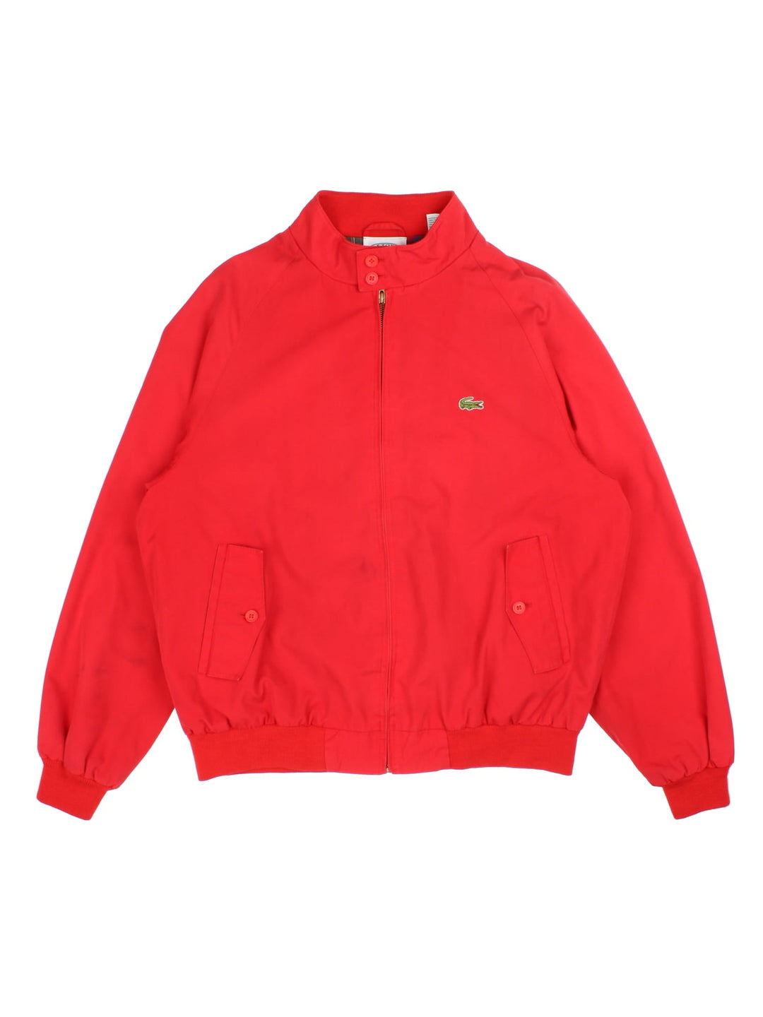 Lacoste Harrington Jacket in red colourway, zip up fastening, contrast checked lining and embroided logo on front.