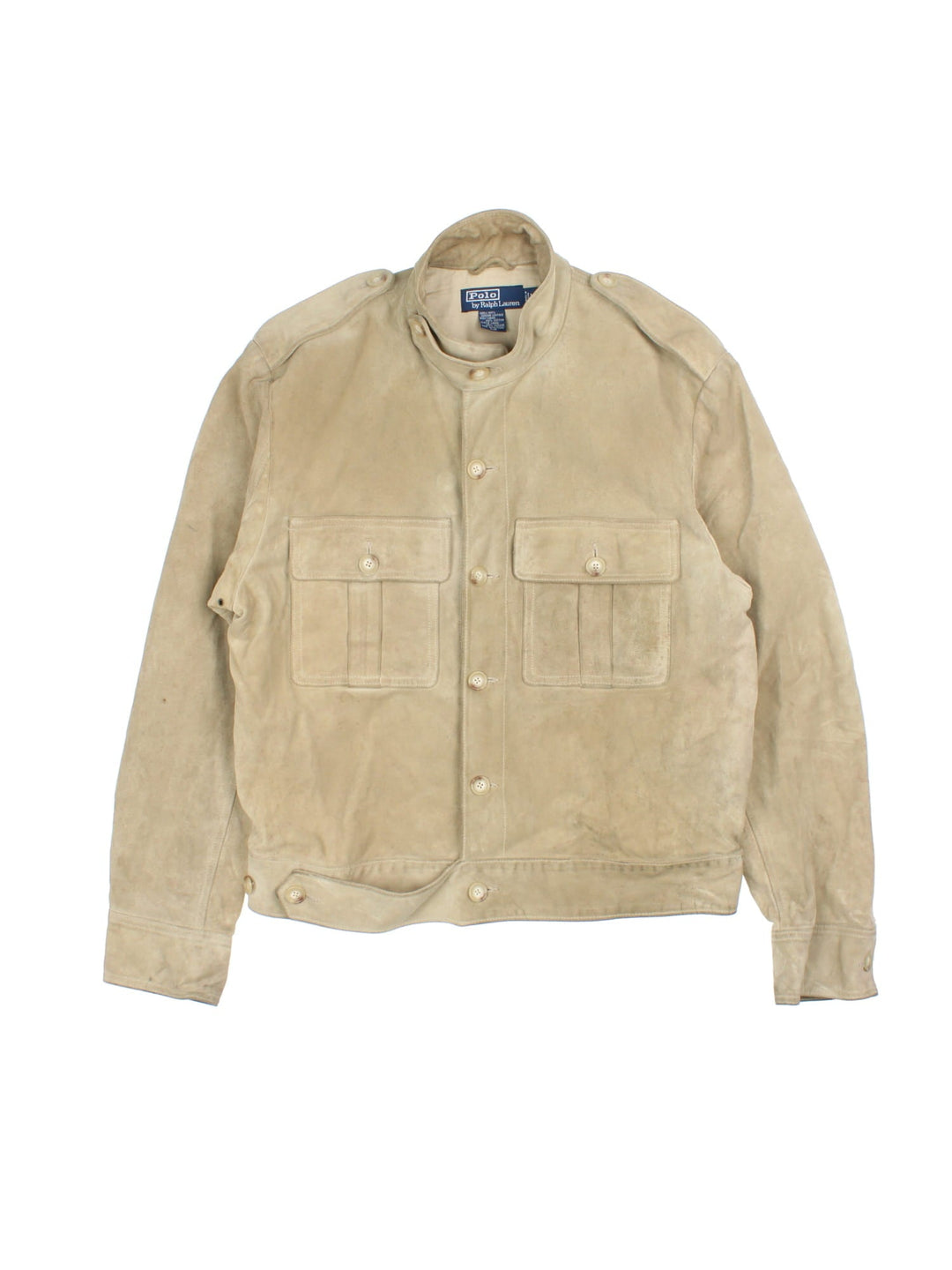 Vintage Ralph Lauren Suede Jacket in a tan colourway, button up fastening with front patch pockets and shoulder lapels.