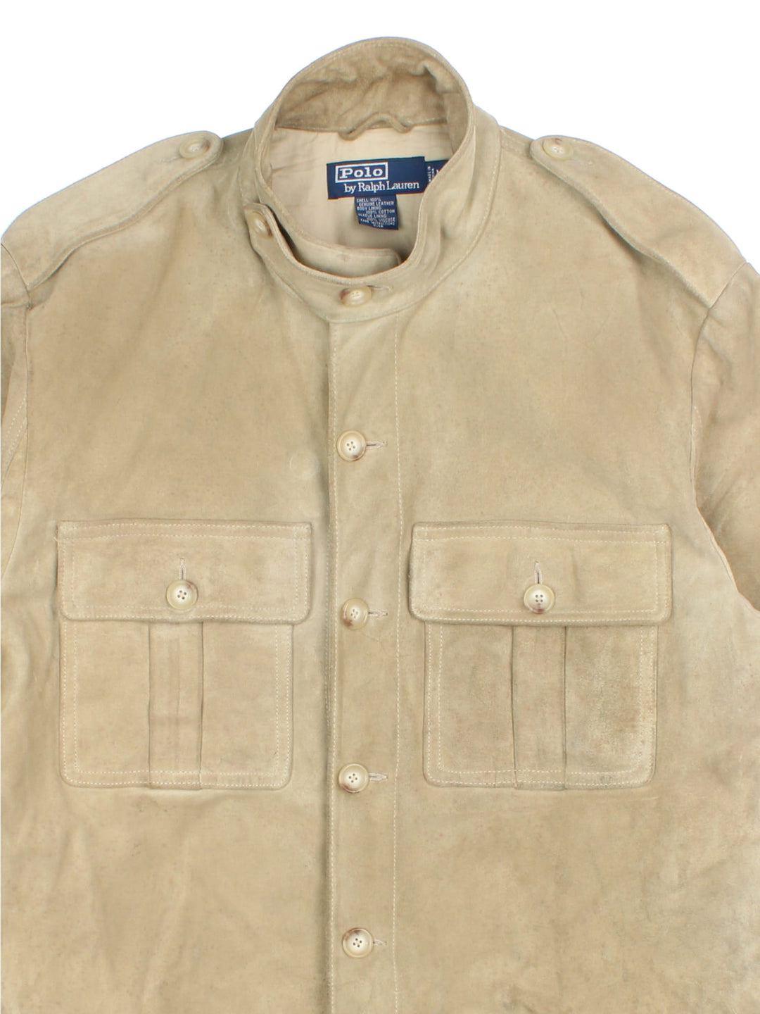 Vintage Ralph Lauren Suede Jacket in a tan colourway, button up fastening with front patch pockets and shoulder lapels.