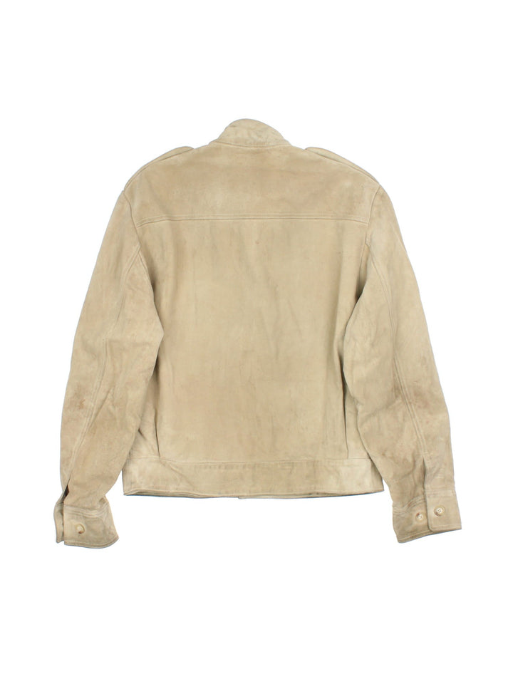 Vintage Ralph Lauren Suede Jacket in a tan colourway, button up fastening with front patch pockets and shoulder lapels.