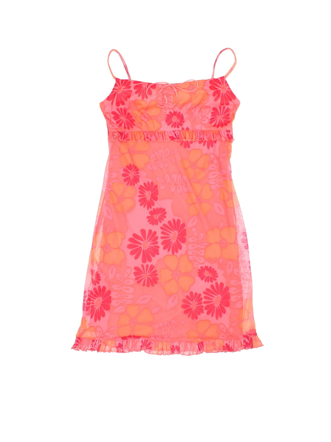 Vintage Y2K Dress in a orange/pink colourway, sheer floral overlay and frill detail.