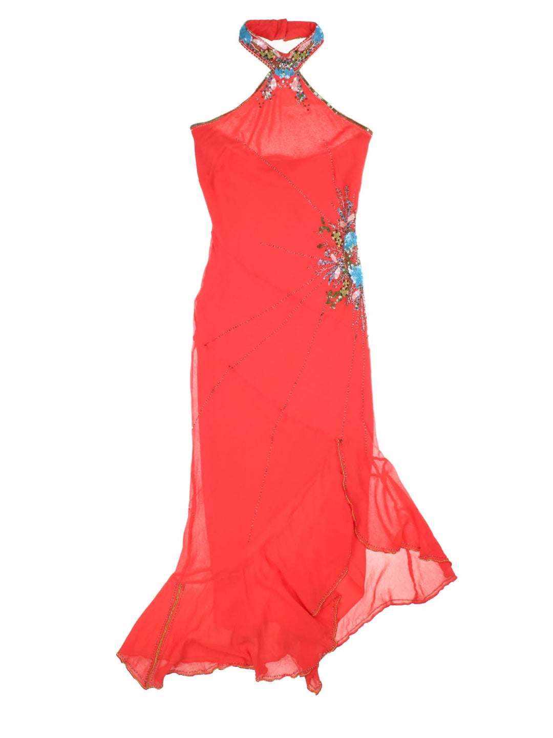 Vintage Y2K Karen Millen Dress in a orange colourway. Halterneck with zip side fastening, sheer overlay with beading detail and asymmetric hem.