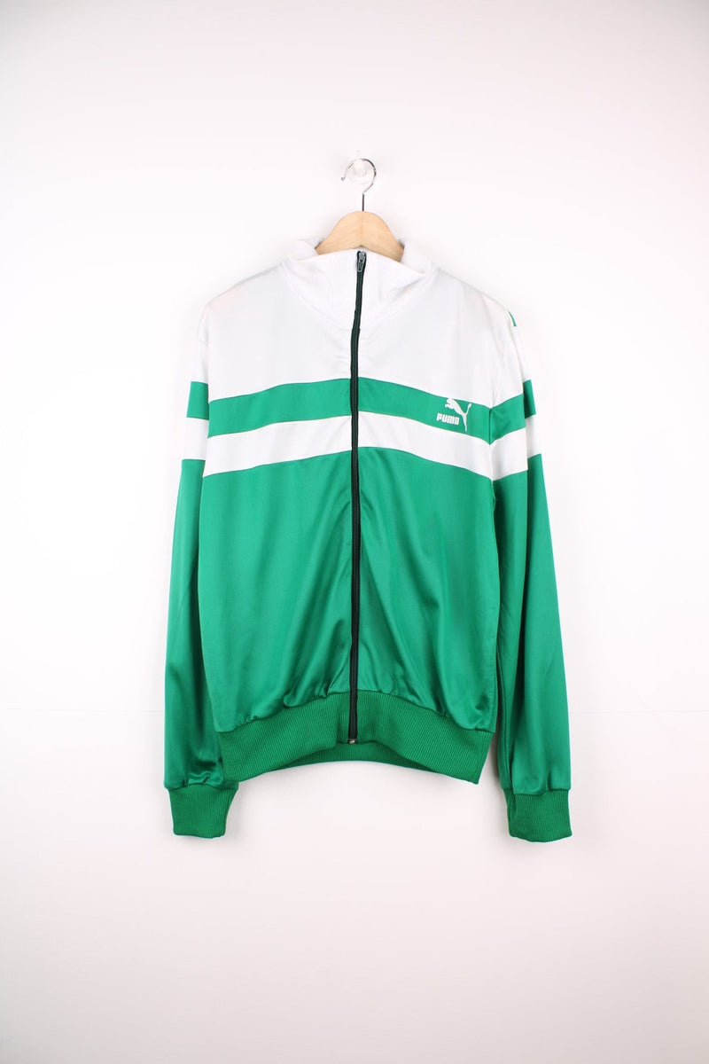 Vintage Puma zip through tracksuit top in white and green. Features puff print logo on the chest.