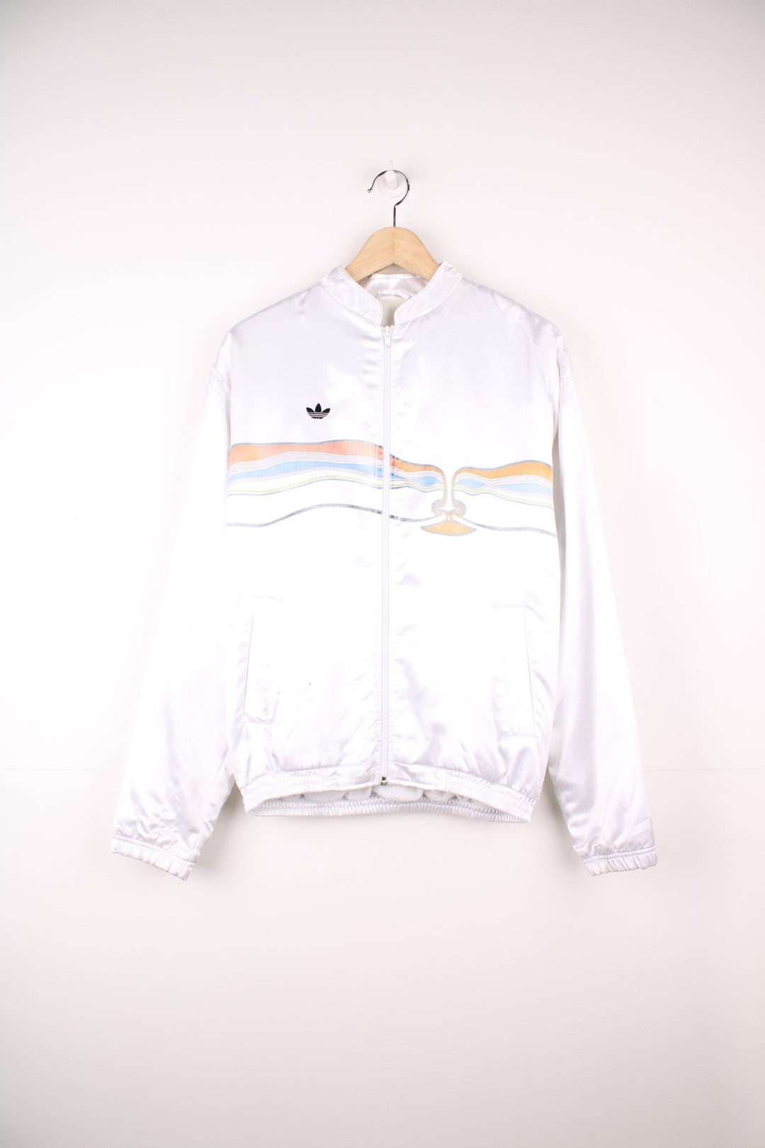 Vintage 80s Adidas Ivan Lendl The Face satin tennis Tracksuit top with toweling lining. Features embroidered logo on the chest. 