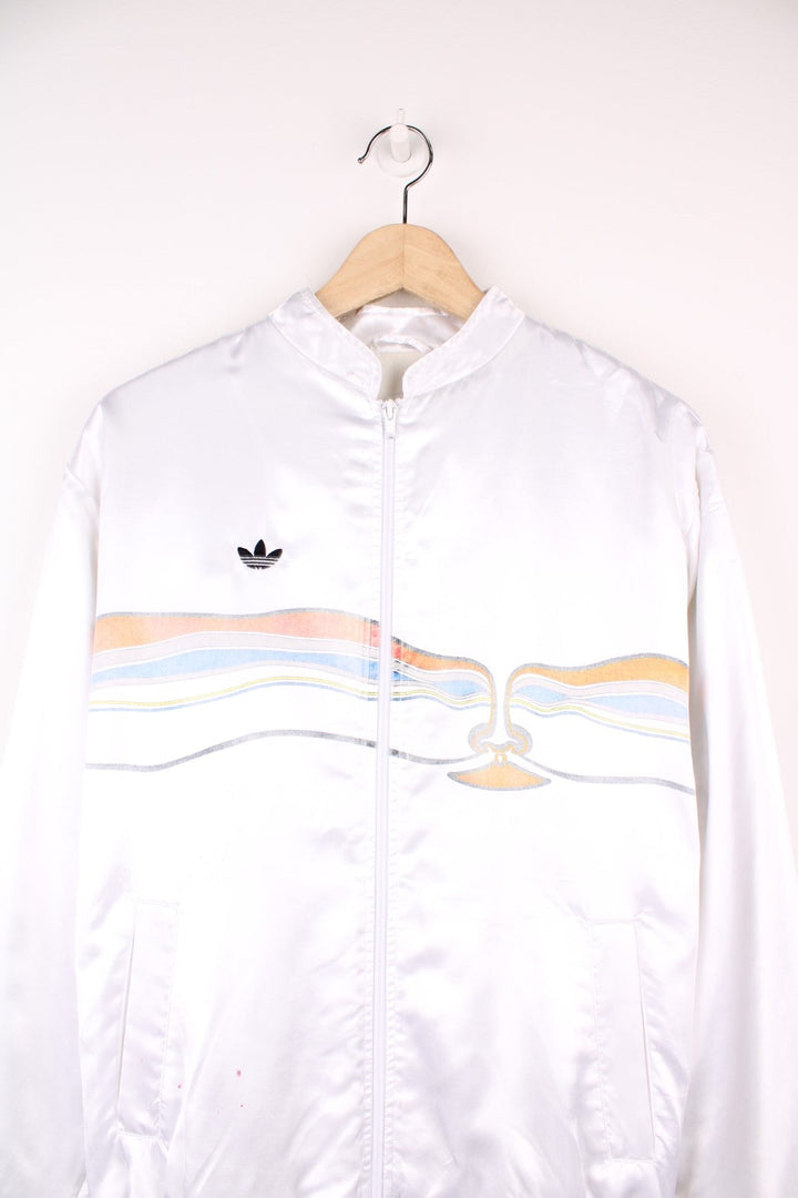 Vintage 80s Adidas Ivan Lendl The Face satin tennis Tracksuit top with toweling lining. Features embroidered logo on the chest. 