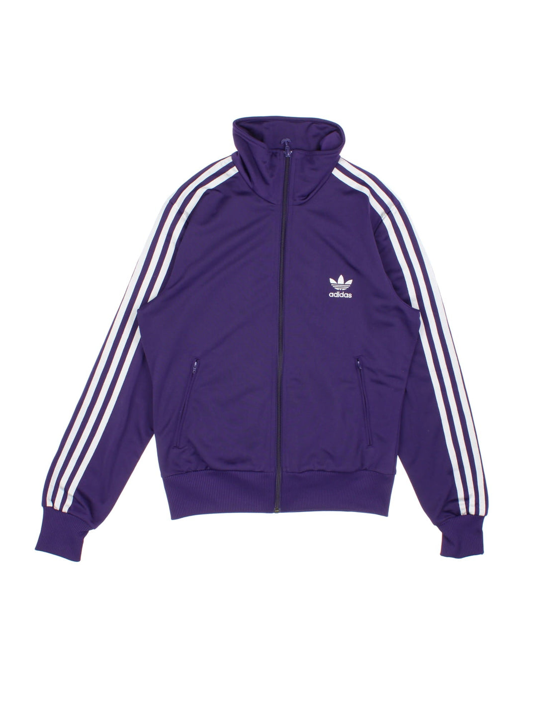 Vintage Adidas Tracksuit Jacket in a purple and silver colourway. Zips up and has side pockets, the iconic three stripes going down the arms, and has the logo embroidered on the front and printed on the back.