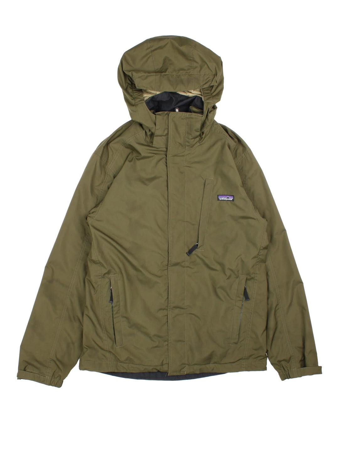 Patagonia Rain Shell Jacket in a khaki green colourway. Zips up and has multiple pockets, mesh lining, and has the logo embroidered on the front.