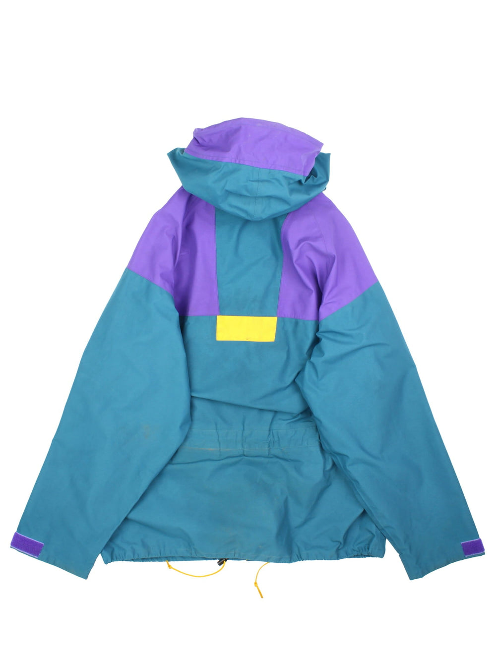 Vintage Berghaus Trango Jacket in a blue, purple and yellow colourway. Zips and buttons up, has multiple pockets, hooded, and the logo embroidered on the front.