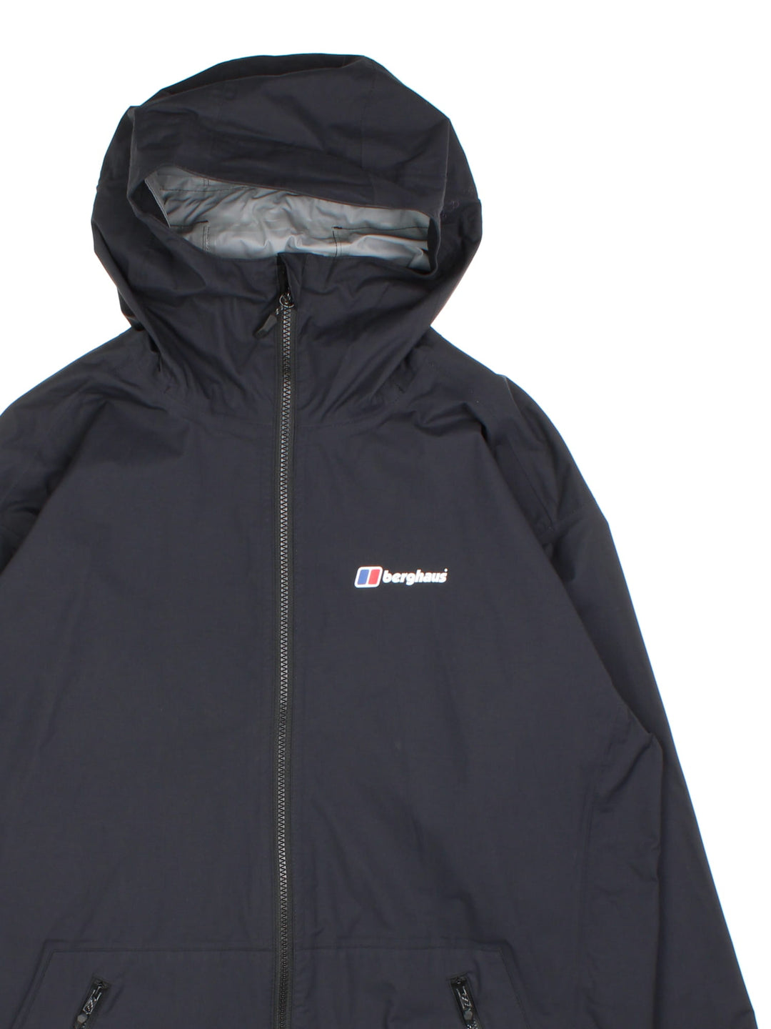 Berghaus Deluge Light Jacket in a black colourway. Zips up and has side pockets, hooded, and has the logo printed on the front.