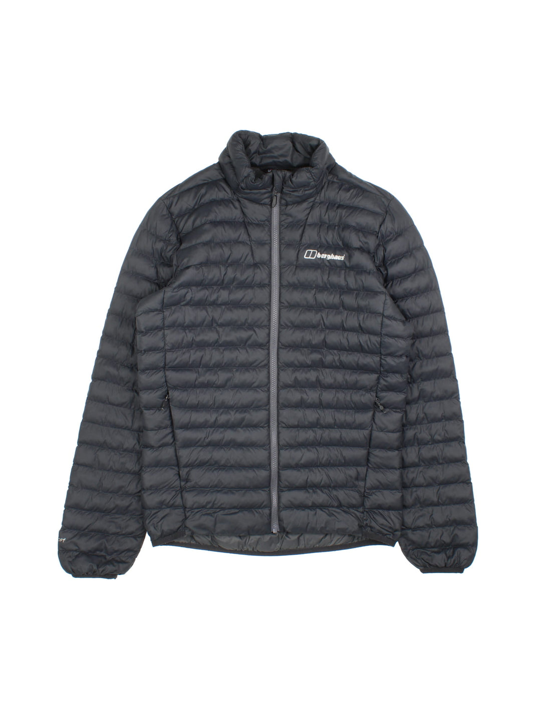 Berghaus Puffer Coat in a black colourway. Zips up and has side pockets, insulated lining, and has the logo printed on the front.