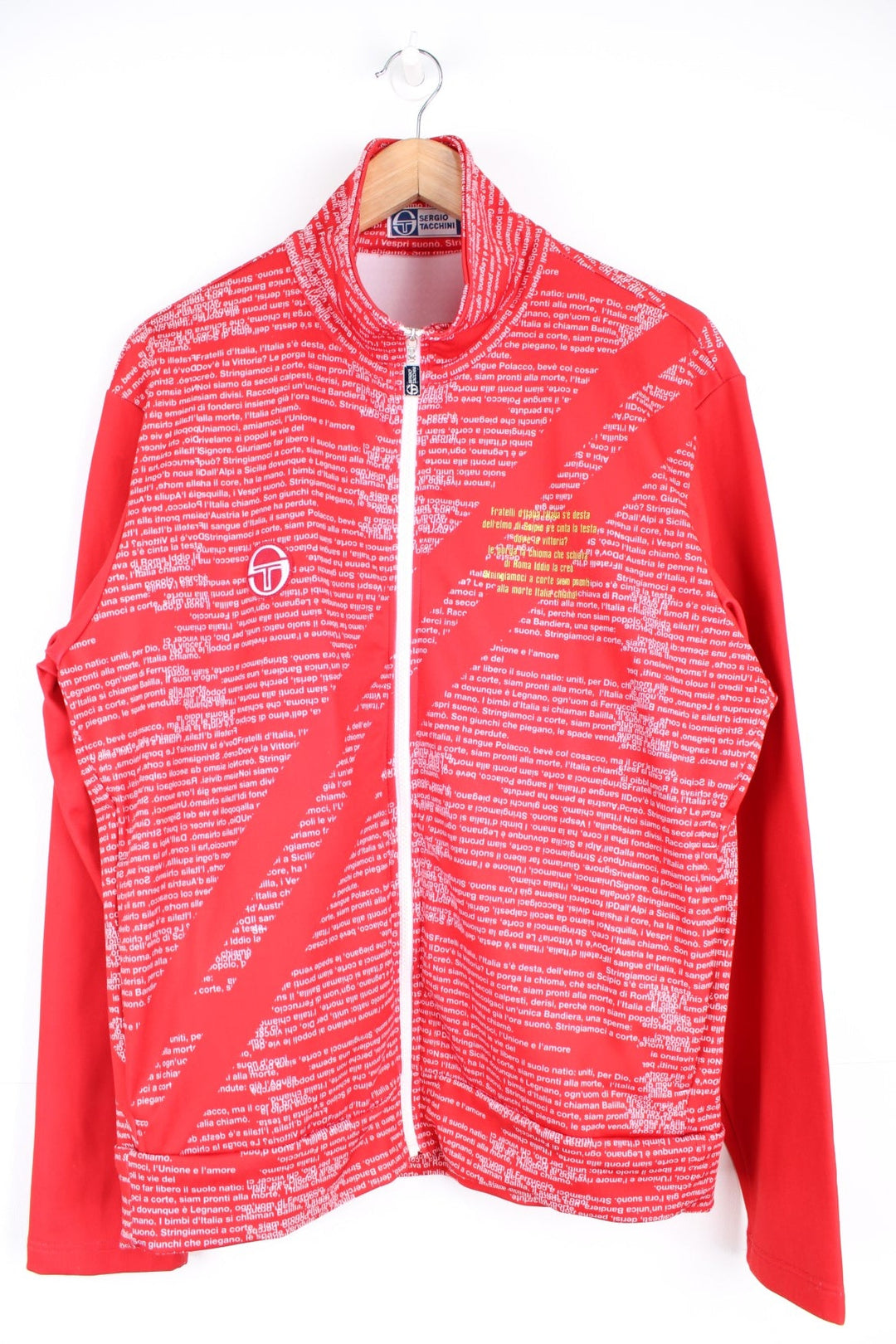 Sergio Tacchini red tracksuit top with all over white text print and embroidered logo on the chest.