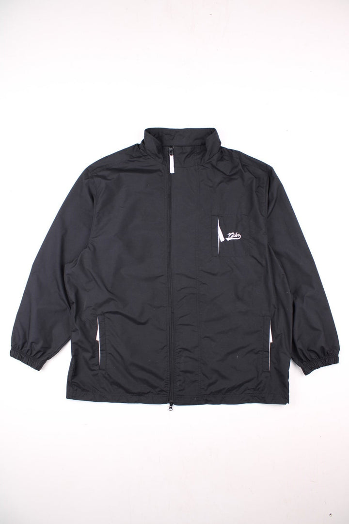 Vintage 90's Nike windbreaker in black, with three pockets, zip closure, and an embroidered logo on the chest.