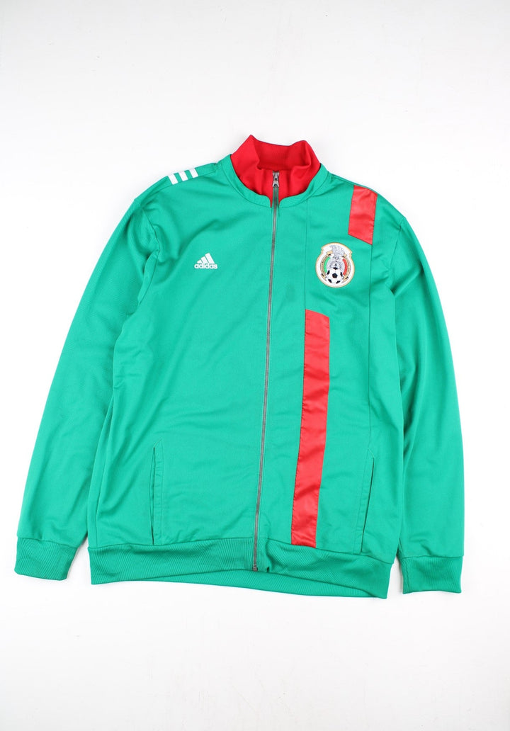 Adidas Mexico Track Top in a green colourway with red stripe and collar. Adidas classic 3 stripe in white down the back and small club logo on the front. 