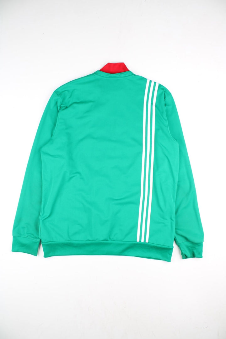 Adidas Mexico Track Top in a green colourway with red stripe and collar. Adidas classic 3 stripe in white down the back and small club logo on the front. 