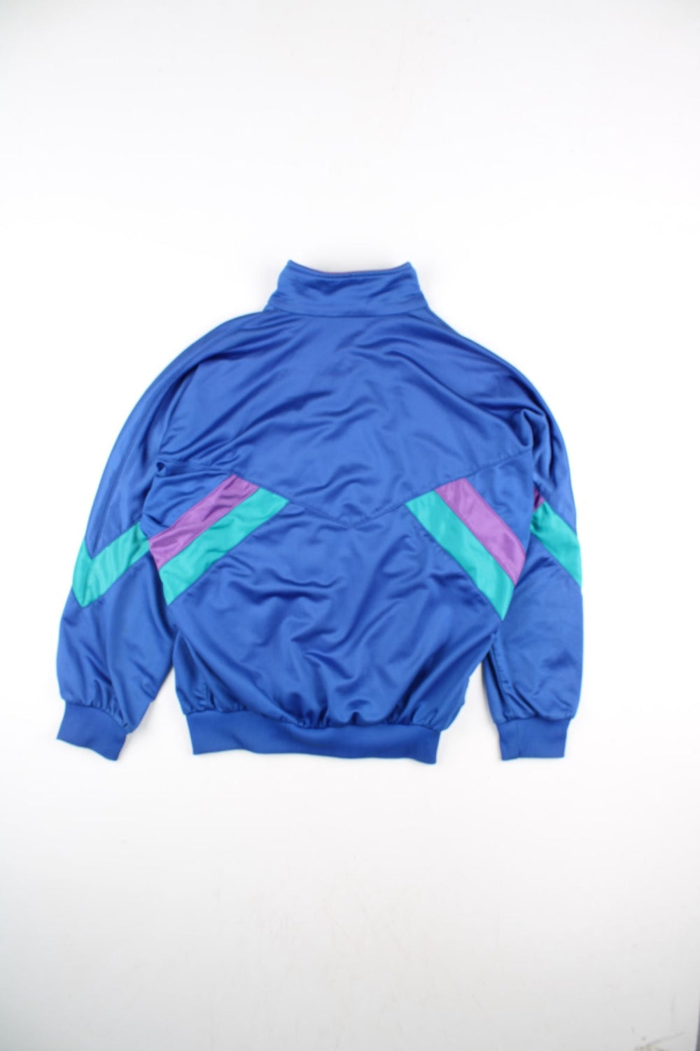 Vintage Adidas Track Top in a blue colourway with small green and purple stripes on front and the sleeve. Full zip with two zip pockets and small classic logo on the front.