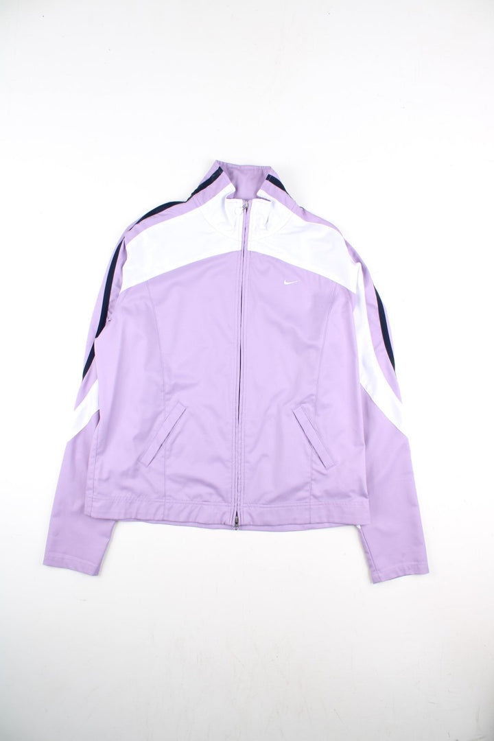 Vintage Nike Y2K Track Top in a purple colourway with white and black stripe panelling. Full zip with two side pockets and small Nike swoosh on the front