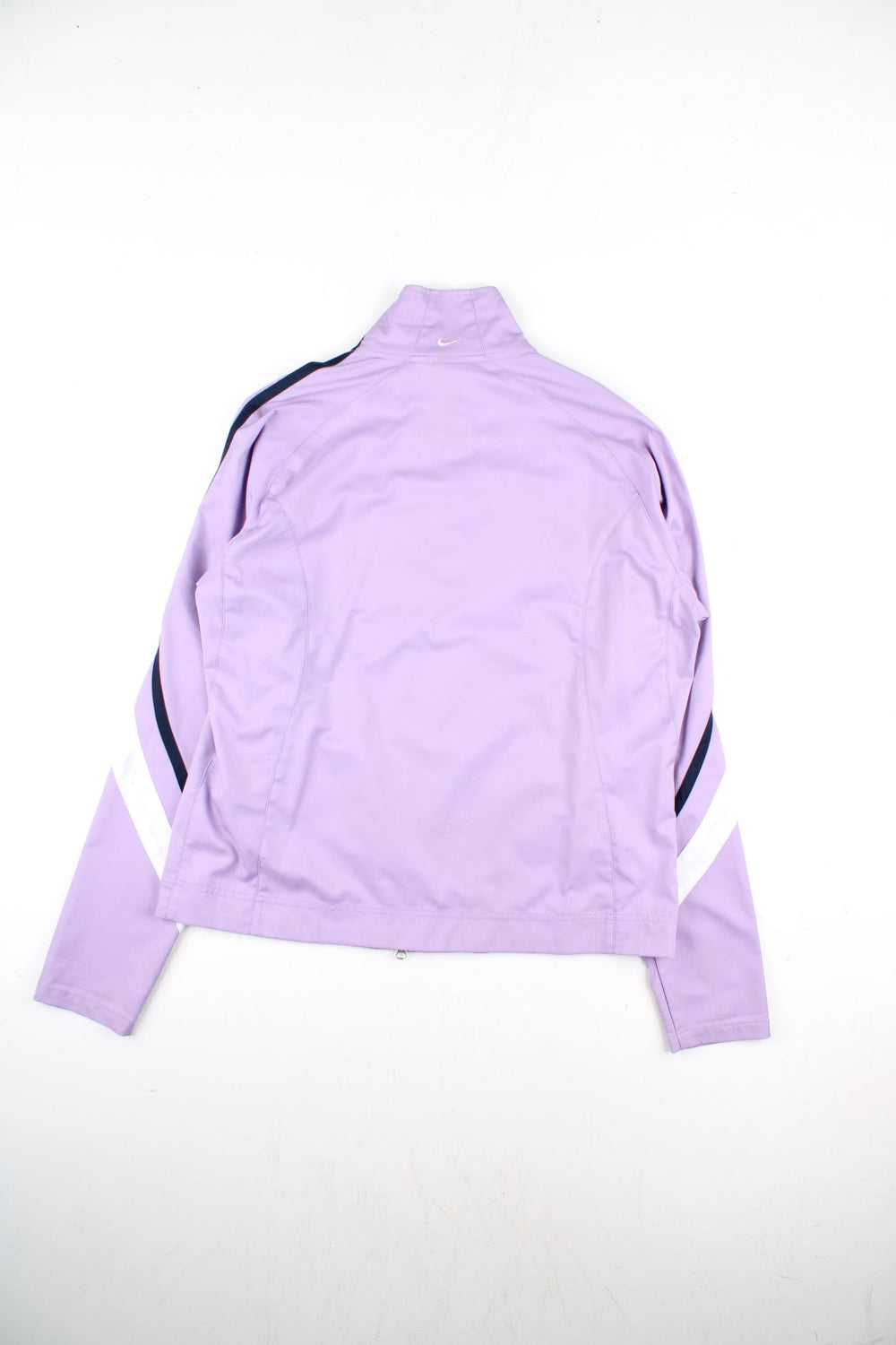 Vintage Nike Y2K Track Top in a purple colourway with white and black stripe panelling. Full zip with two side pockets and small Nike swoosh on the front