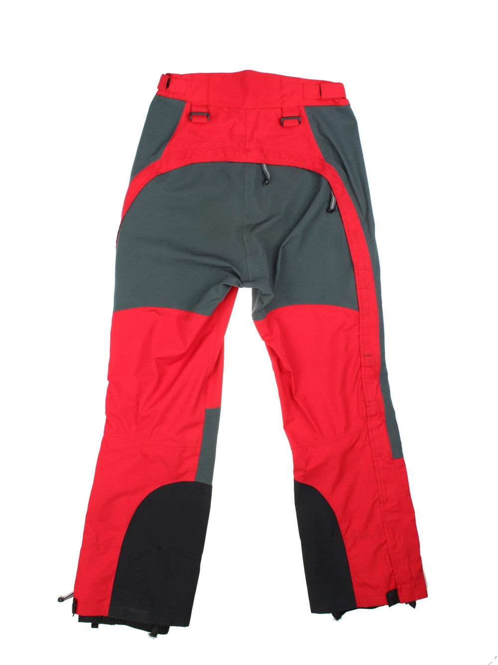 Berghaus Extrem Gore-Tex ski/alpine zip off salopettes in red with grey and black panelling, multiple pockets, zip and snap closure, velcro waist adjusters, embroidered logos, and toggles for braces to be attached.