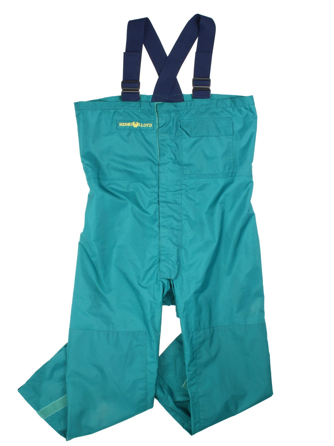 Vintage Henri lloyd Hi-Fit Offshore salopettes in blue with two pockets, zip and velcro closure, adjustable braces, velcro tighteners at the cuffs, and an embroidered logo on the front in yellow.