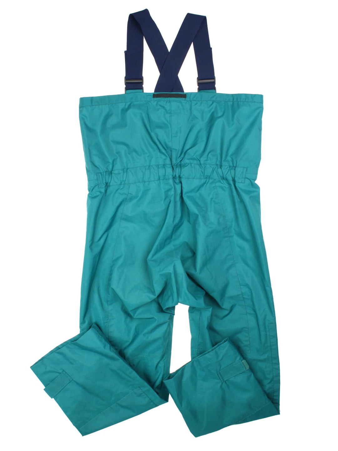 Vintage Henri lloyd Hi-Fit Offshore salopettes in blue with two pockets, zip and velcro closure, adjustable braces, velcro tighteners at the cuffs, and an embroidered logo on the front in yellow.