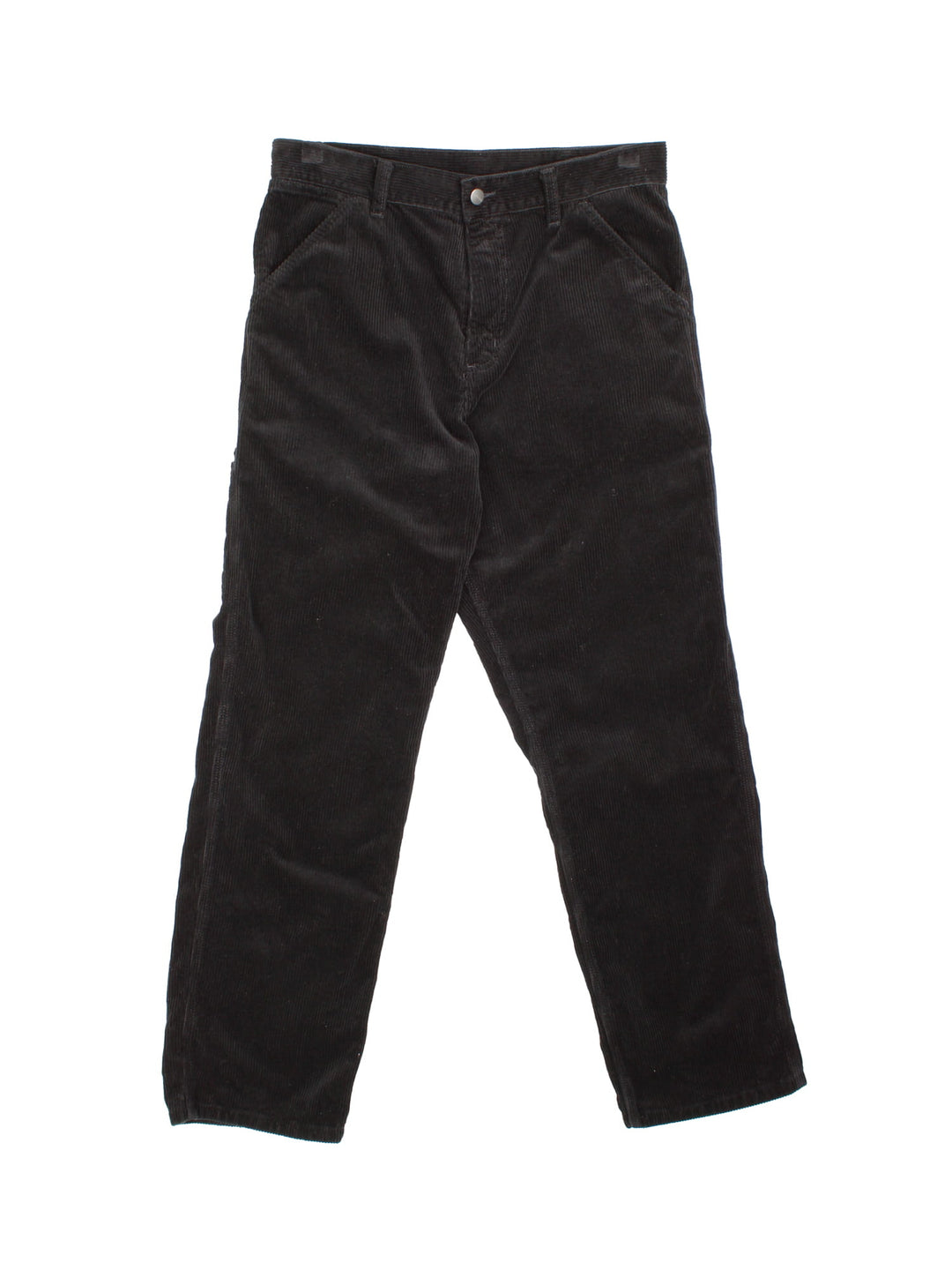 Carhartt corduroy trousers in black with multiple pockets, a hammer loop, zip and button closure, and a logo patch on the back pocket.