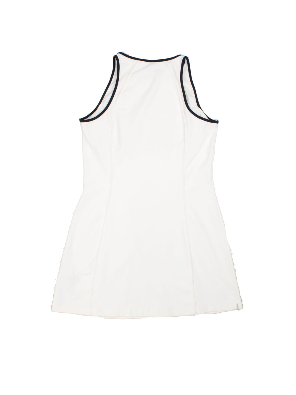 Nike A-line tennis dress in white with black piping and a small embroidered swoosh on the chest.