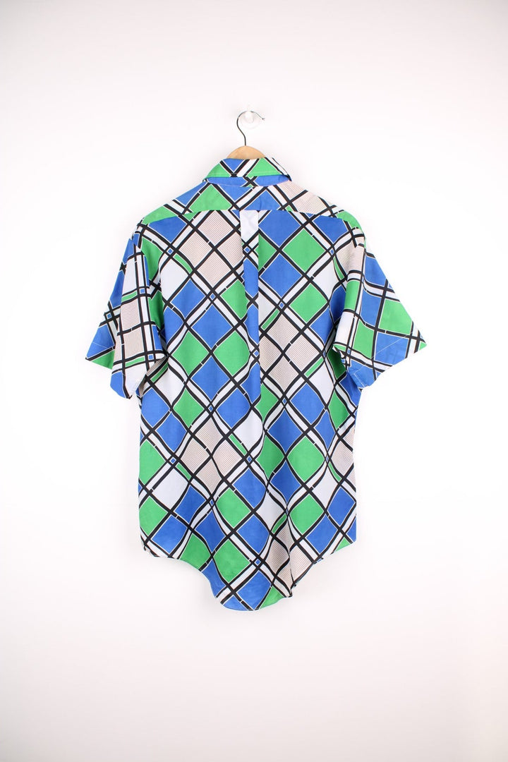 Blue and green geometric patterned short-sleeved shirt by Marlboro, with a dagger collar and buttons. 