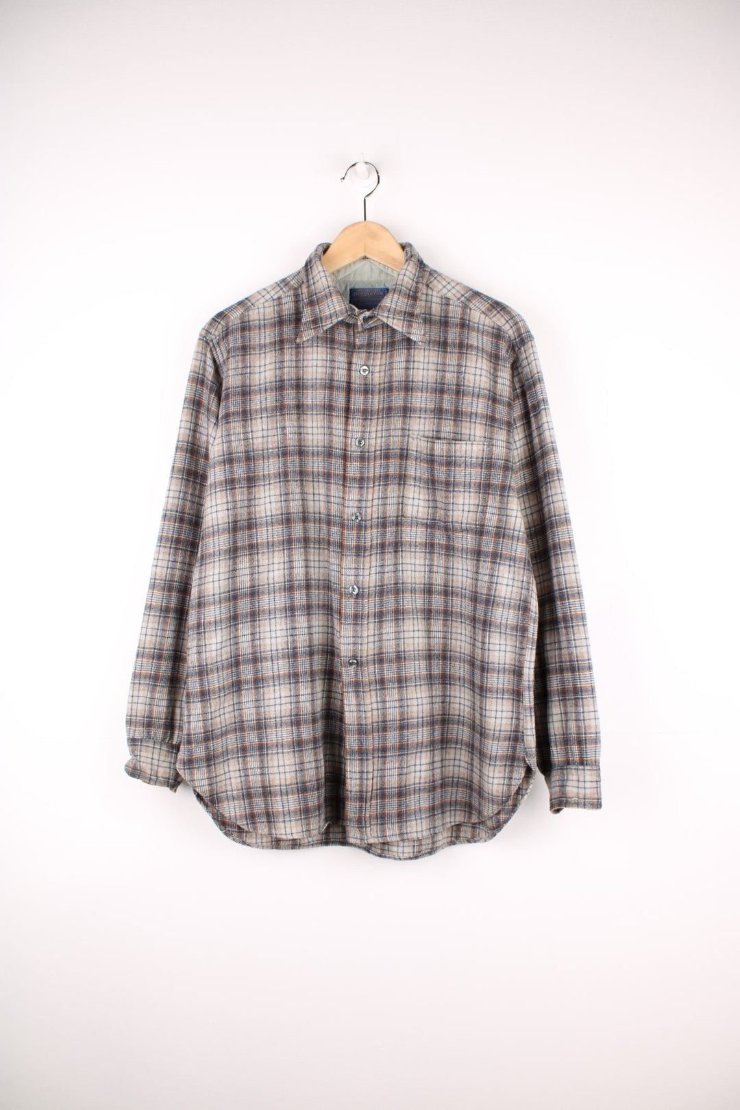 Grey plaid Pendleton shirt, 100% wool with one pocket. 