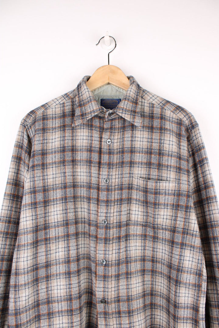 Grey plaid Pendleton shirt, 100% wool with one pocket. 