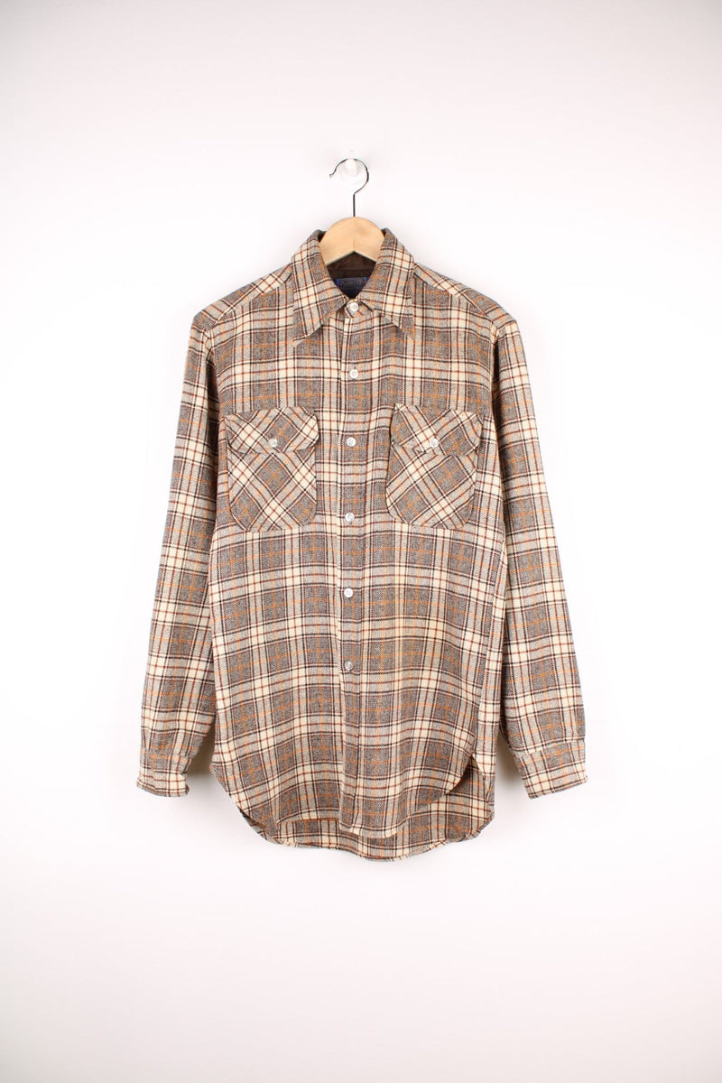 Tan and black check Pendleton western shirt - 100% wool, with two buttoned flap pockets. 