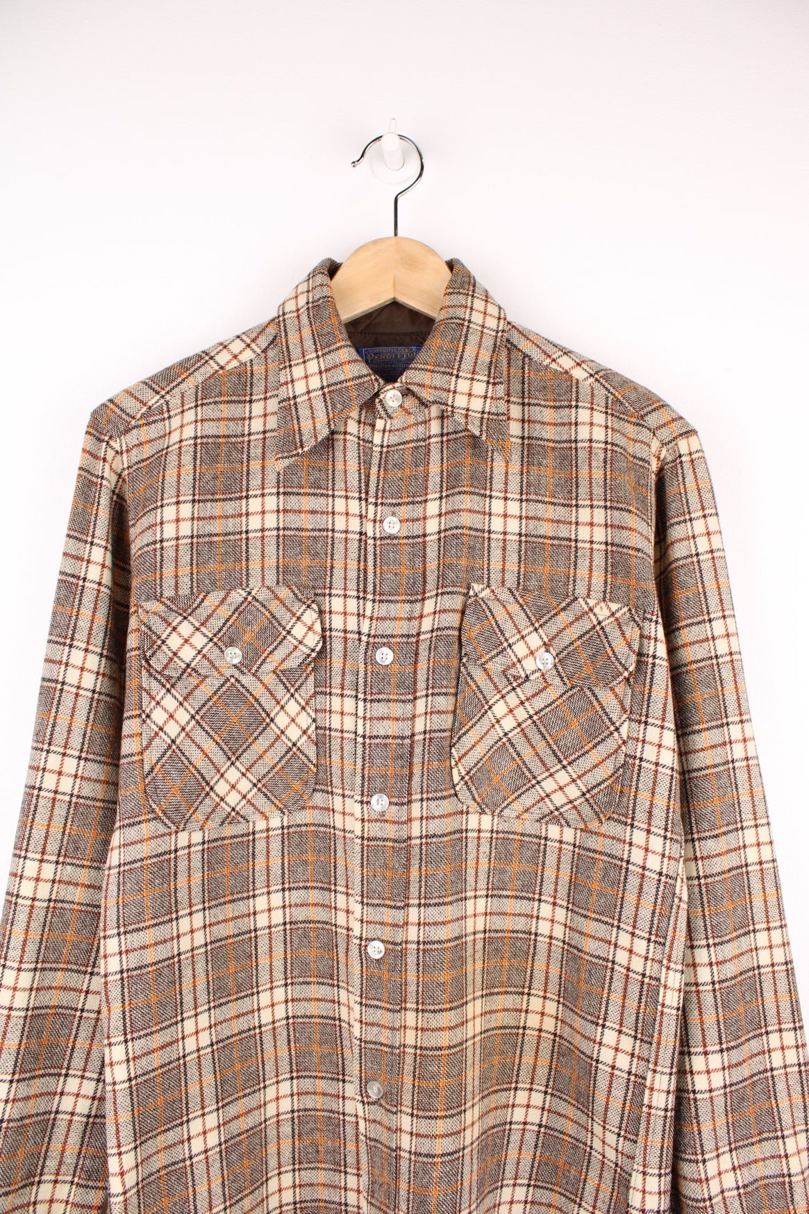 Tan and black check Pendleton western shirt - 100% wool, with two buttoned flap pockets. 