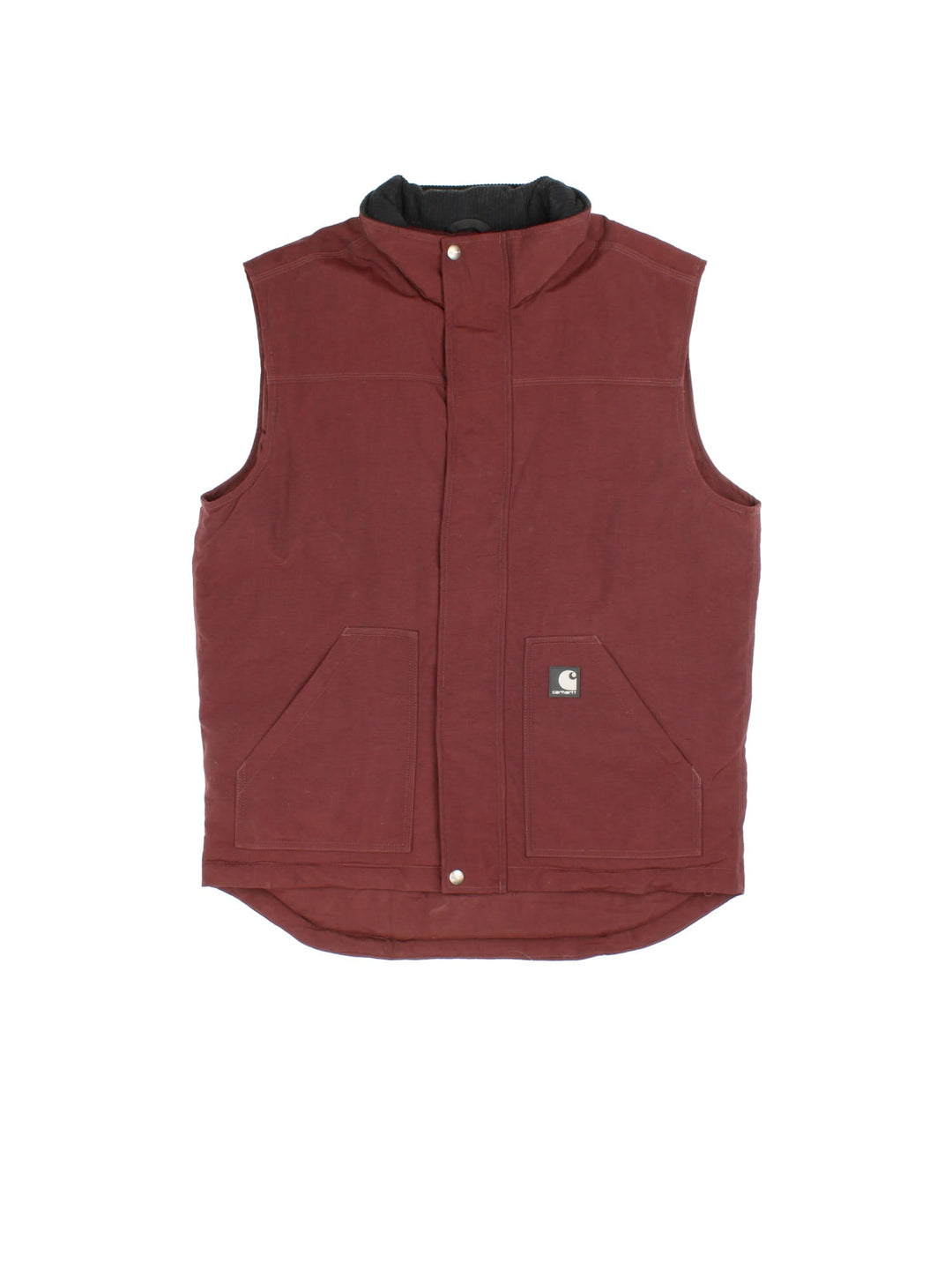 Carhartt Gilet in a burgundy red colourway. Zips up and has side pockets, insulated with a quilted lining, and has the logo embroidered on the front.