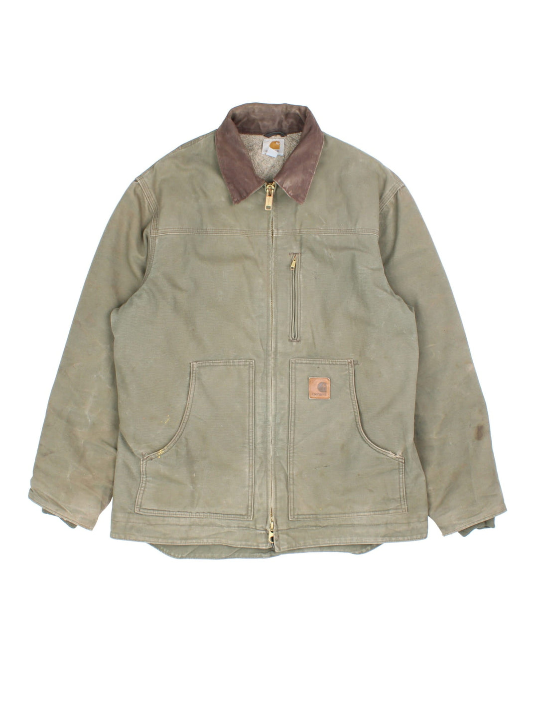 Vintage Carhartt Arctic Jacket in a khaki green colourway with a brown collar. Zips up and has multiple pockets, insulated with a sherpa lining, and has the logo embroidered on the front.