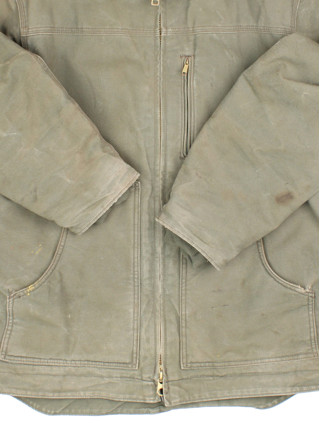 Vintage Carhartt Arctic Jacket in a khaki green colourway with a brown collar. Zips up and has multiple pockets, insulated with a sherpa lining, and has the logo embroidered on the front.