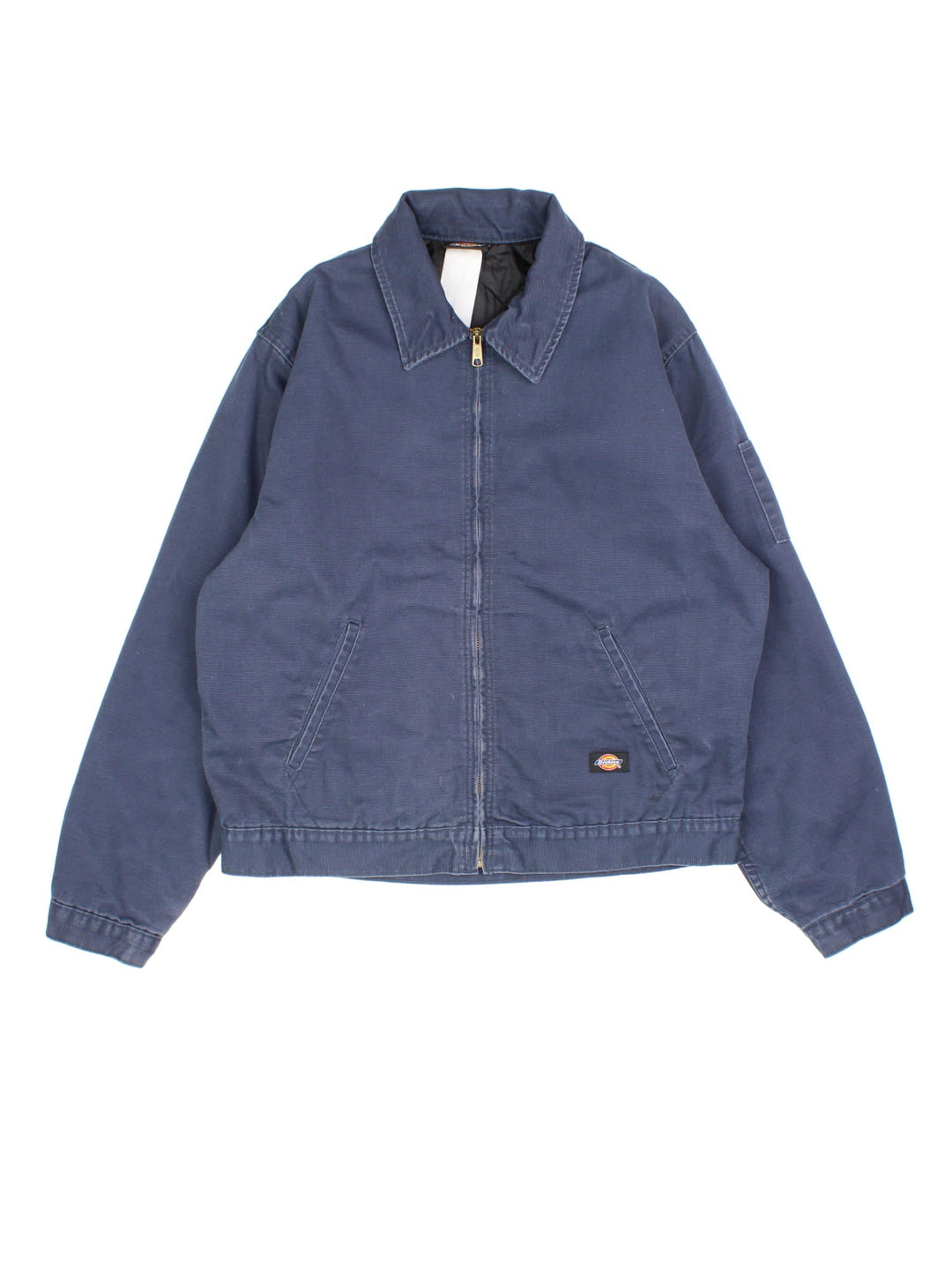 Vintage Dickies Eisenhower Jacket in a blue colourway. Zips up and has side pockets, insulated with a quilted lining, and has the logo embroidered on the front.