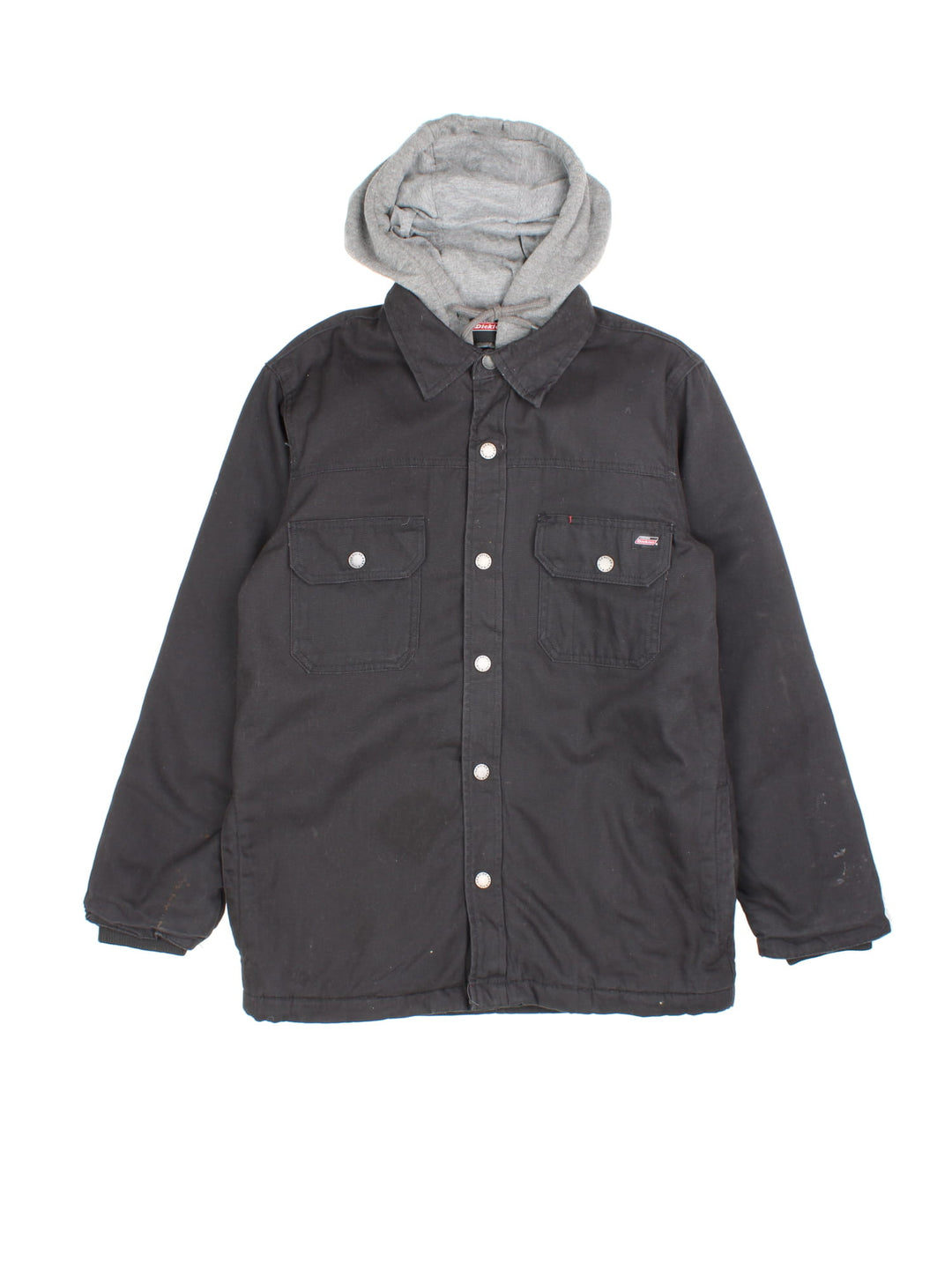 Vintage Dickies Hooded Jacket in a black colourway with grey hood. Zips and buttons up, has multiple pockets, insulated with a quilted lining, and has the logo embroidered on the front.