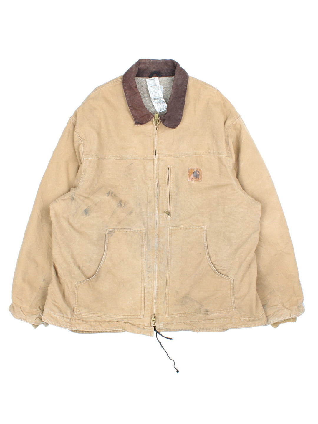 Vintage Carhartt Arctic Jacket in a tan colourway. Zips up and has multiple pockets, insulated with a sherpa lining, has the logo embroidered on the front, and 'Flora Trucking Inc' company logo / spell out embroidered on the back.