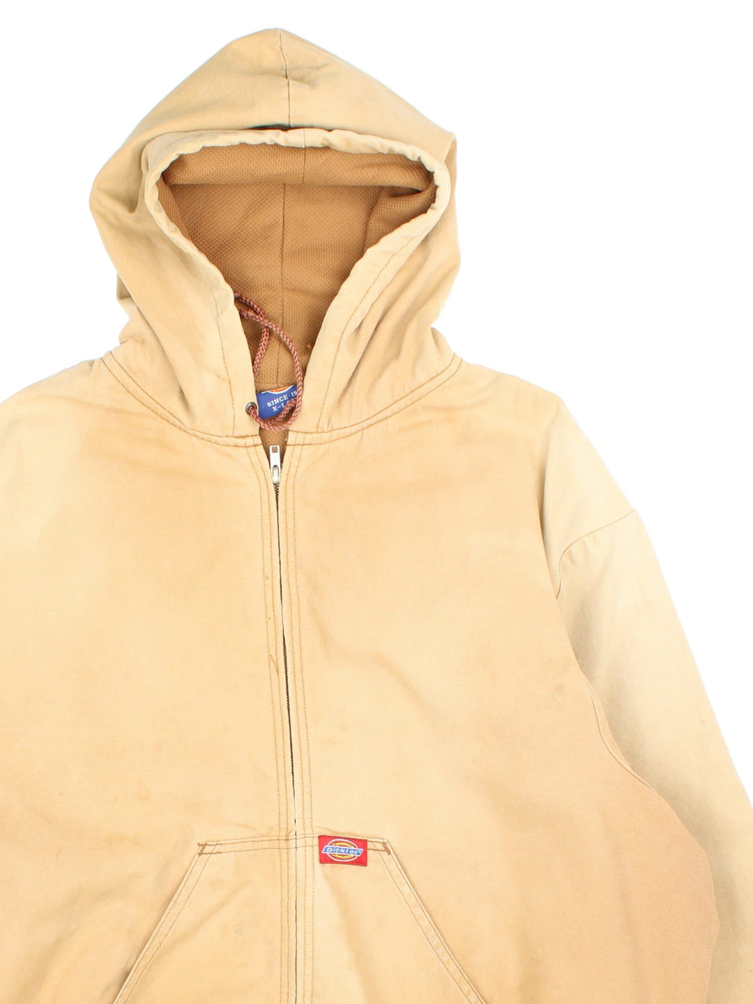 Vintage Dickies Workwear Jacket in a tan colourway. Zips up and has side pockets, hooded, and has the logo embroidered on the front.