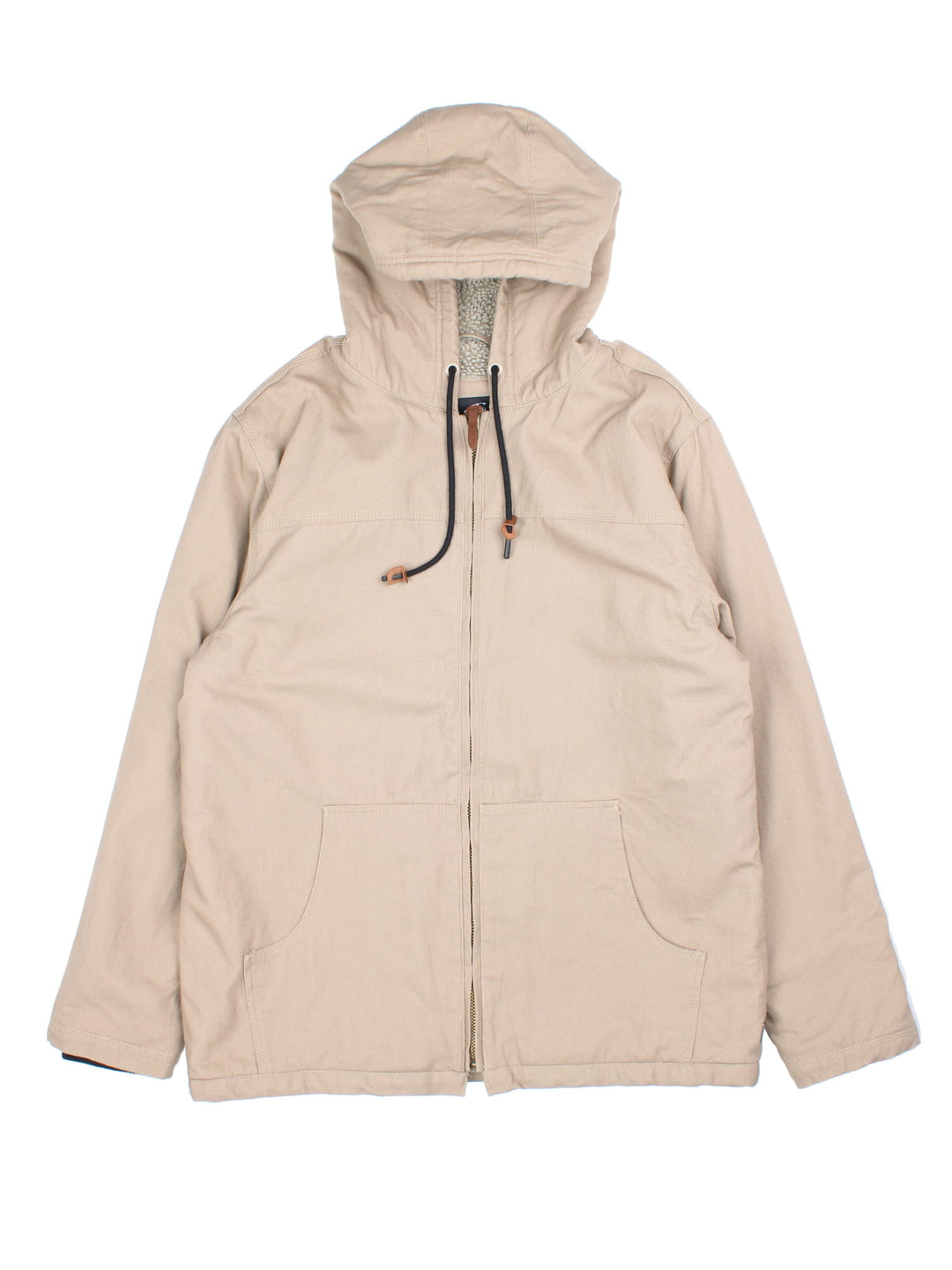 Vintage O'neill Canvas Parka Jacket in a tan colourway. Zips up and has side pockets, insulated with a sherpa lining, hooded, 0and has the logo tab embroidered on the back.