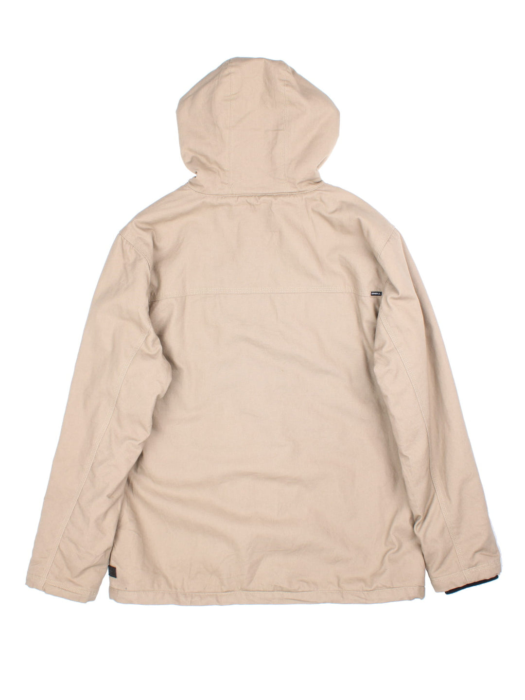 Vintage O'neill Canvas Parka Jacket in a tan colourway. Zips up and has side pockets, insulated with a sherpa lining, hooded, 0and has the logo tab embroidered on the back.