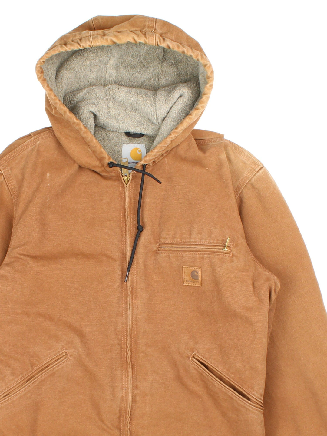 Vintage Carhartt Active Jacket in a brown colourway. Zips up and has multiple pockets, insulated with a sherpa lining, hooded, and has the logo embroidered on the front.