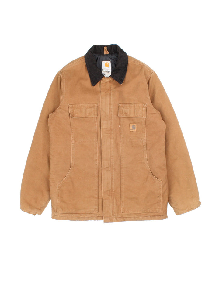 Vintage Carhartt Arctic Jacket in a brown colourway. Zips up and has multiple pockets, corduroy collar, insulated with a quilted lining, and has the logo embroidered on the front.