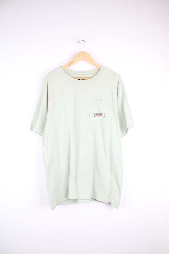 Carhartt T-Shirt in a green and brown colourway with a chest pocket, and has the logo printed on the front and back. 