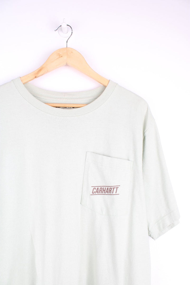 Carhartt T-Shirt in a green and brown colourway with a chest pocket, and has the logo printed on the front and back. 